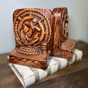 Vintage Ceramic Cramer Mold Bookends Anchor Nautical Rope Faux Wood Brown